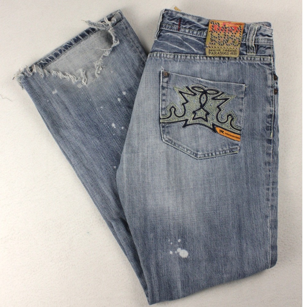 Parasuco Denim Legend Mens 38 Y2K Baggy Jeans Distressed Skater Heel Bites